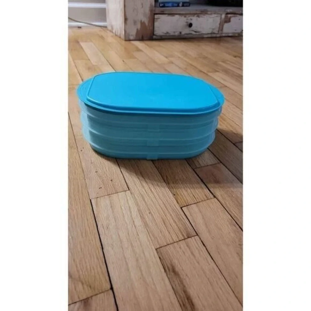 Tupperware Deli Keeper Stackable Storage Set Turquoise Blue 3 Trays Lid Vintage